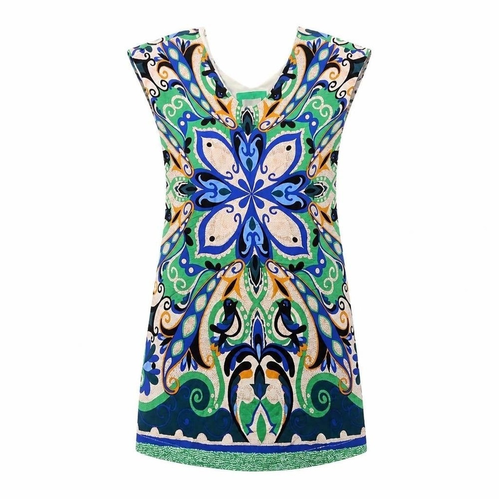Maeve Dress Womens XS Folksong Bird Shift Boho Mediterranean Abstract Mini Blue